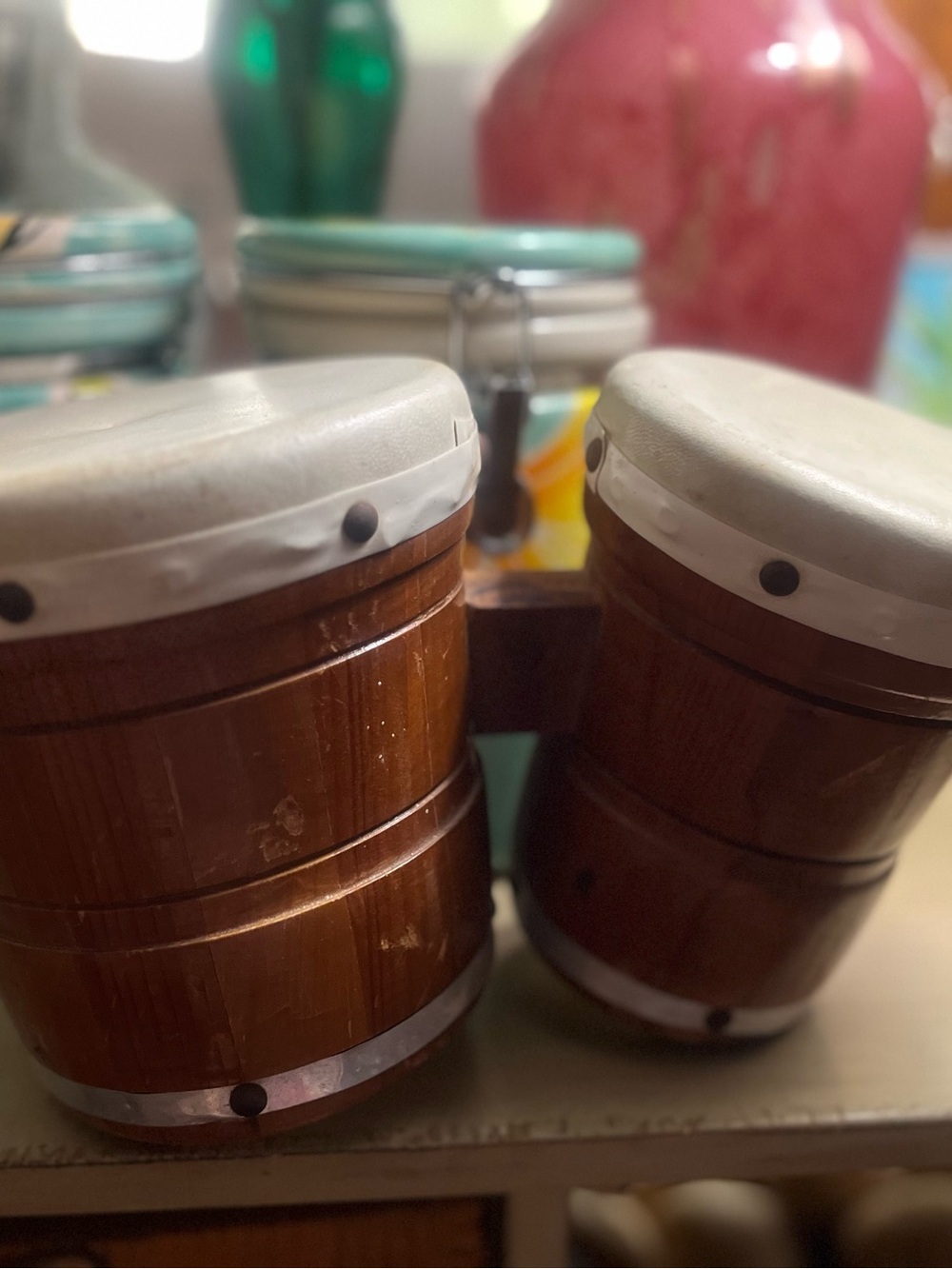 Vintage Wooden Bongo Drum Set with White Heads